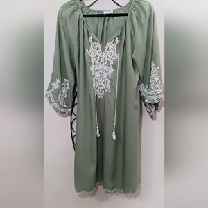 Sage Green Embroidered Fairy Boho Tasseled Mini Dress
